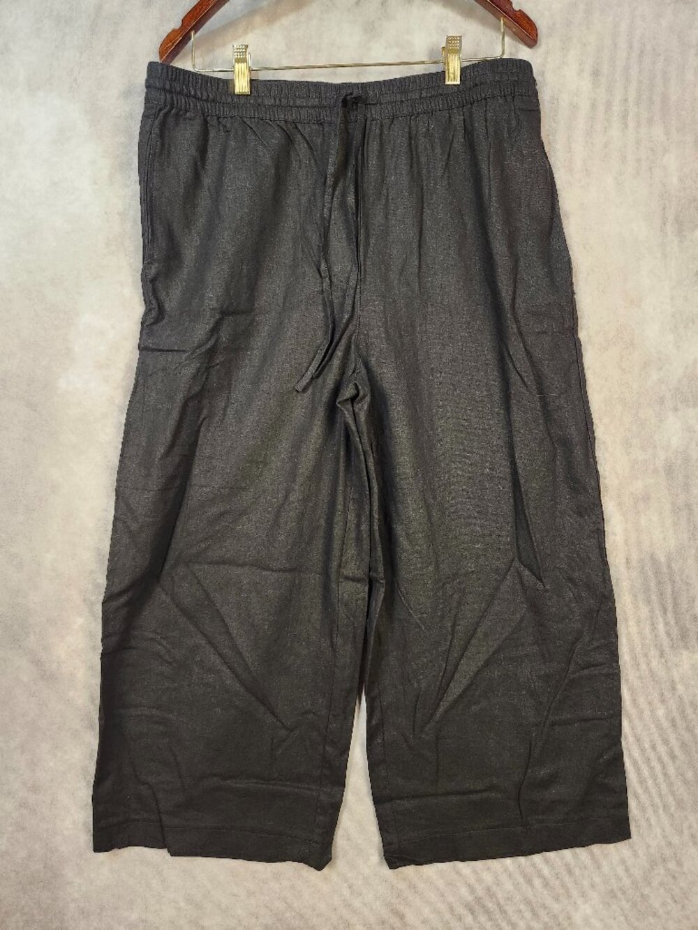 DKNY Black Linen Blend Pull on Cropped Wide Leg Pants Size Large